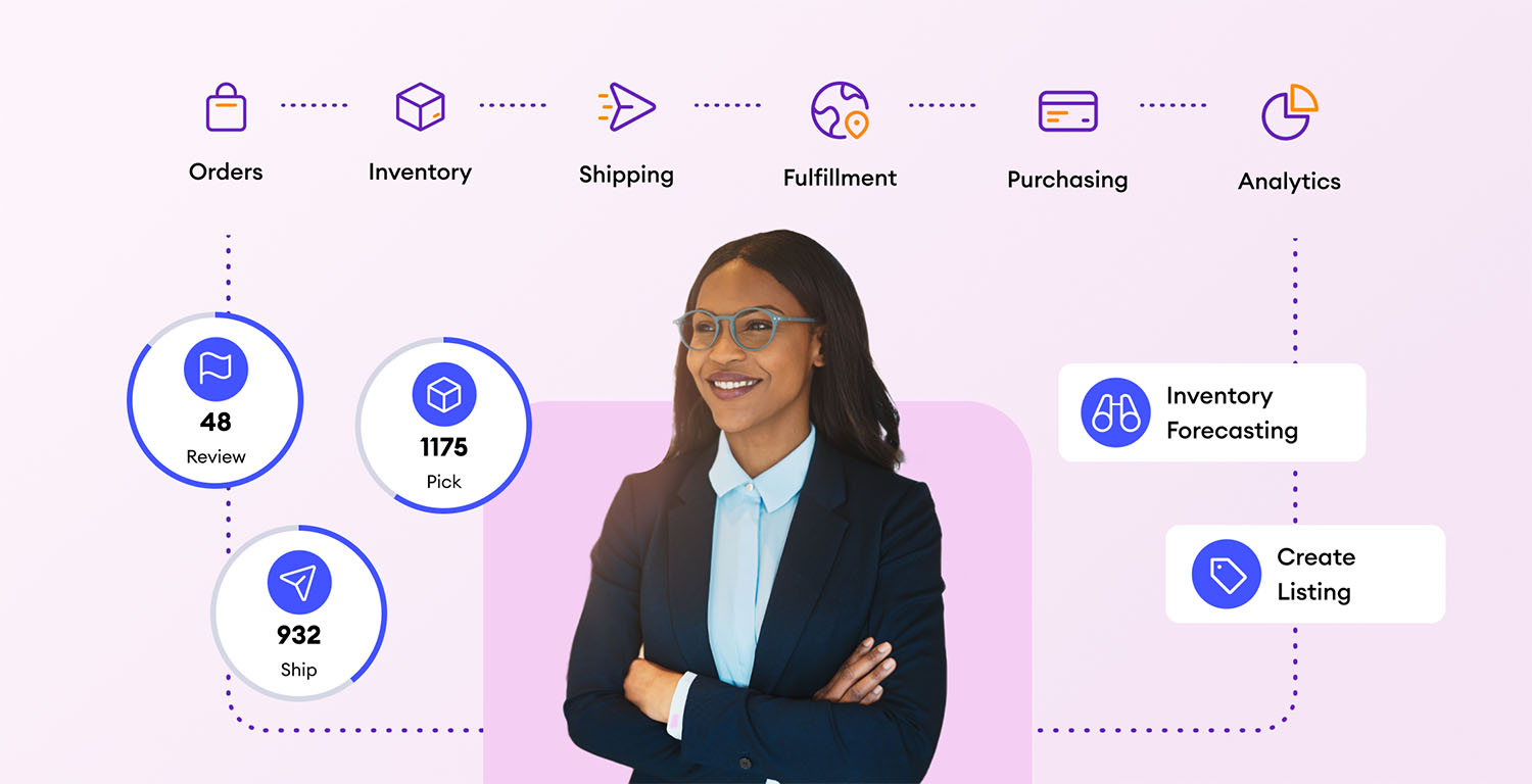 A woman standing confidently among a chart of logistics flows