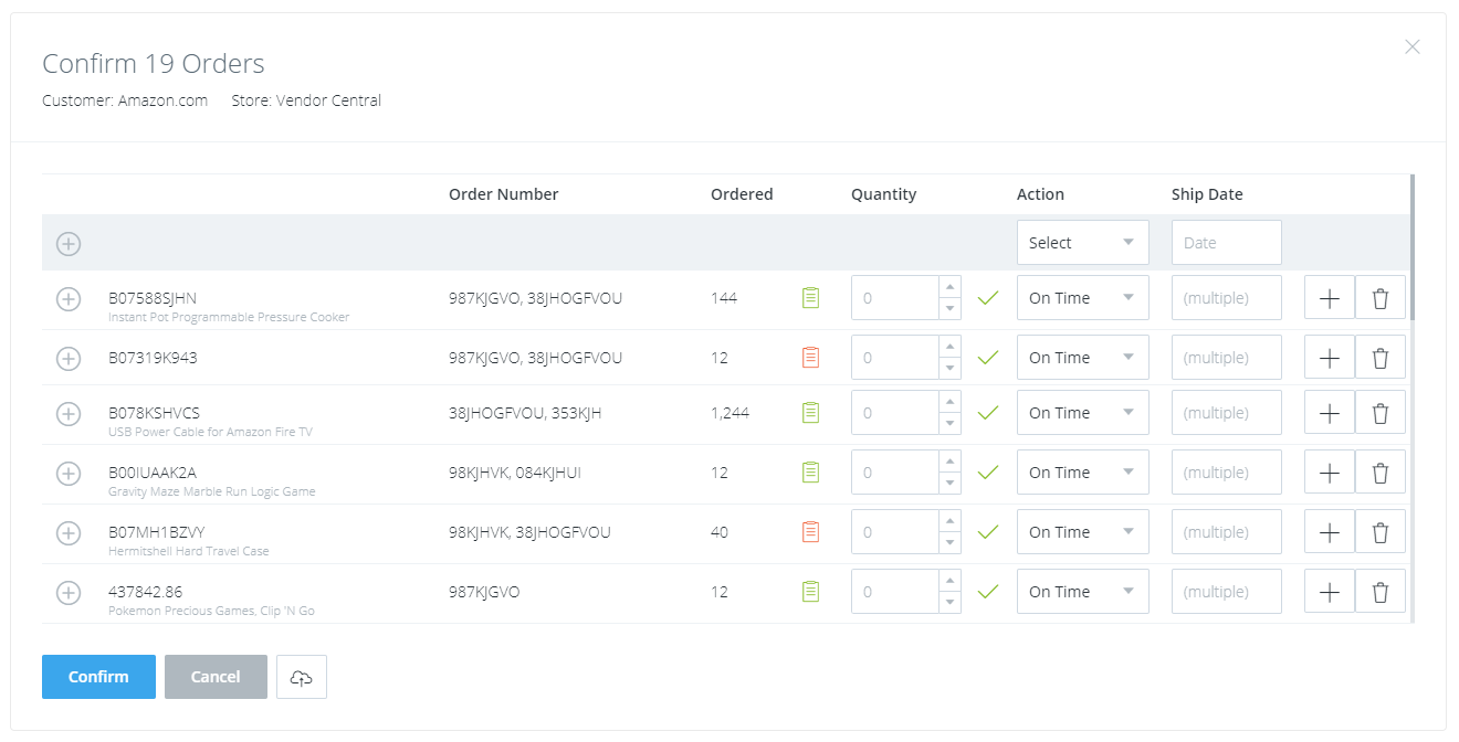 Amazon Vendor Central orders shown being confirmed in bulk