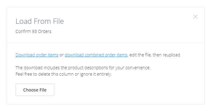 Amazon Vendor Central order shown being confirmed via an upload sheet