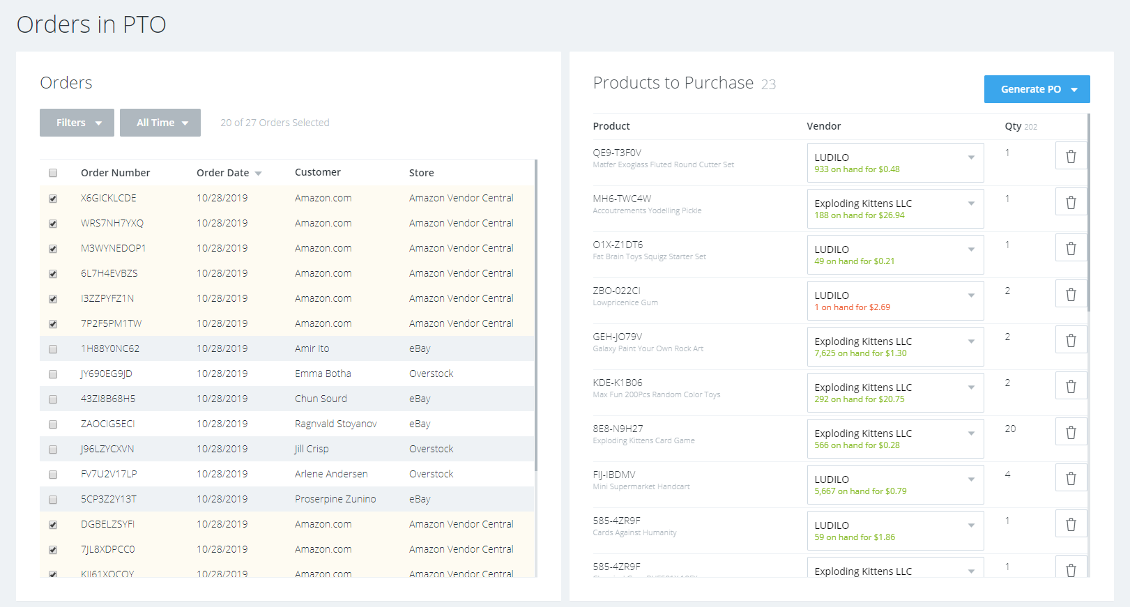 Purchase to Order screen