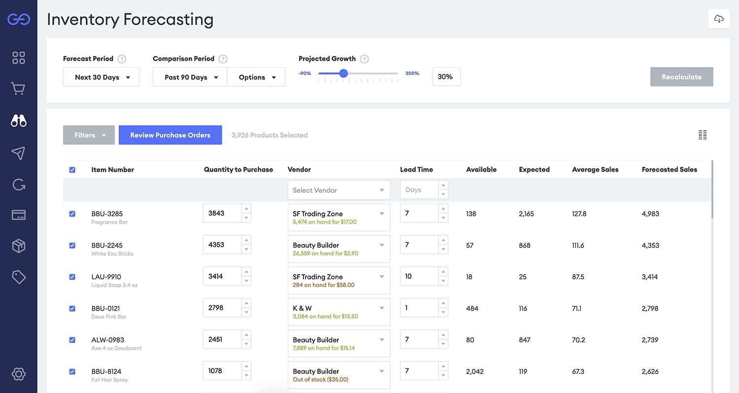 Screenshot of the Goflow Inventory Forecasting software
