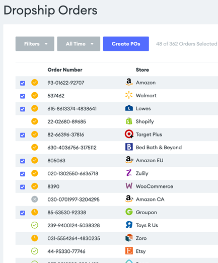 Screenshot of the Goflow dashboard, showing part of the dropship fulfillment process.